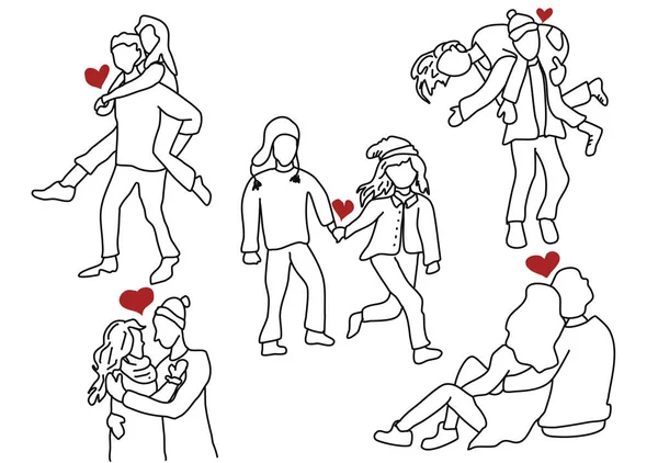 Verliebtes Paar skizziert junge Frauen und Männer setzen isolierten Vektor — Stockvektor