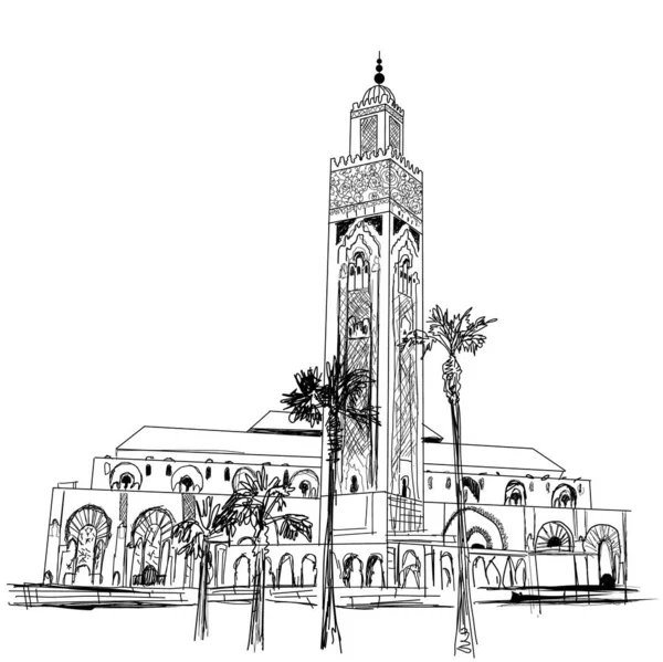 Gambar tangan gambar sketsa arsitektur markah tanah masjid Koutoubia di Maroko Casablanca - Stok Vektor