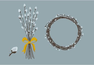 Pussy Willow Wreath on Blue Background set