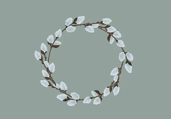 Pussy Willow Wreath on Blue Background set — 스톡 벡터