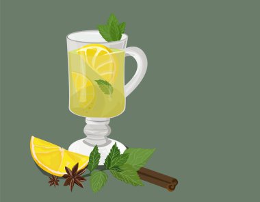Cup of tea and mint leaf with lemon and cinamone
