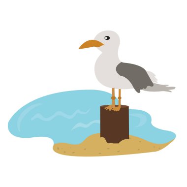 Martı ikonu. Serbest çizgi film tarzı. Balıklı tatlı martı kuşu. Deniz kuşu sembolü izole edildi. Stilize edilmiş deniz hayvanı amblemi. Element proje afişi arkaplanı. Vektör tasarım reklam etiketi