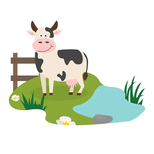 Иллюстрация мультяшной коровы, стоящей на траве — стоковый вектор