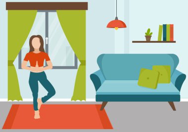 Bir kadın evde yoga yapıyor. Bir kız yoga pozu veriyor. Fiziksel ve ruhsal uygulama. Sabah meditasyonu. Karantinadayken evde kal. Çizgi film tarzında vektör illüstrasyonu