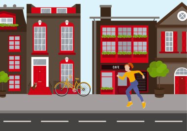 Şehir koşusu. Spor salonu arka planına sahip spor düşkünü, kulaklıklı, güler yüzlü bir kadın karakter.