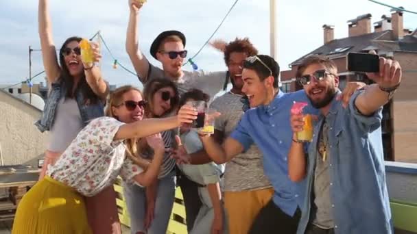 Friends taking selfie on the rooftop — Stock Video