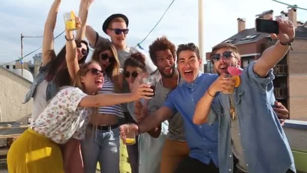 Friends taking selfie on the rooftop — Stock Video