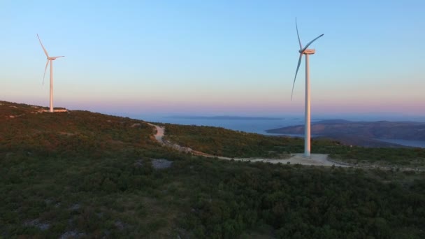 Wind turbines on sunny hill path — Stock Video