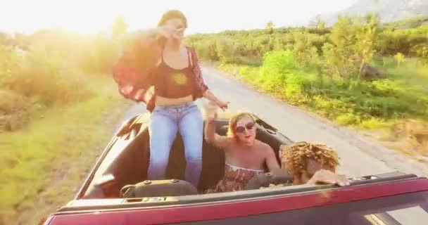 Bruneta, sedící na kapotě auta kabriolet — Stock video