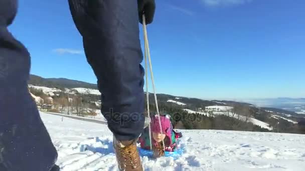 Father pulling daughter on sledge — Stock Video