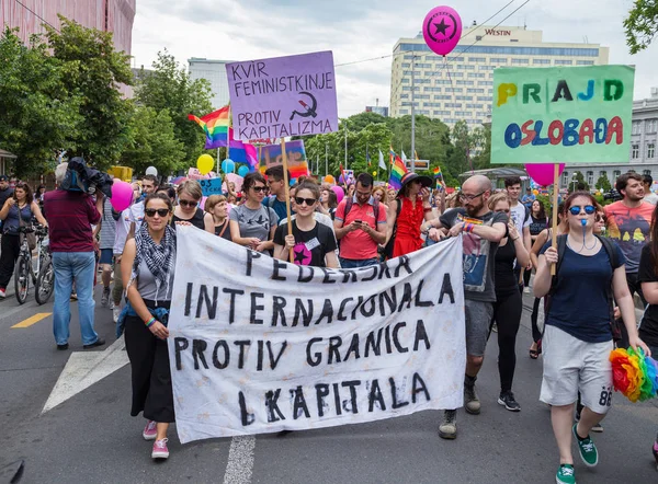 15th Zagreb pride. LGBTIQ activists holding pride banner. — Stock Photo, Image