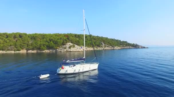 Aerial View Sailing Boat Going Out Sea Bay — Stock Video