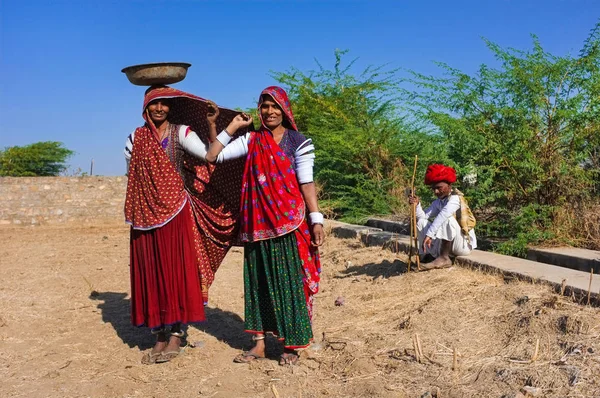 Rabari tribeswomen stand in field wearing sarees and upper-arm bracelets. One balances bucket on head. Rabari are an Indian community in the state of Gujarat. — Stock Photo, Image