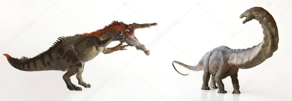 A Baryonyx Dinosaur Menaces  an Herbivorous Sauropod