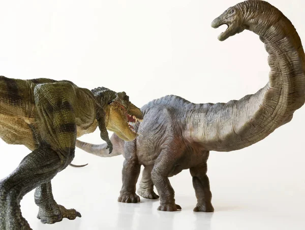 Um Apatossauro ameaçado por um Tiranossauro Rex — Fotografia de Stock