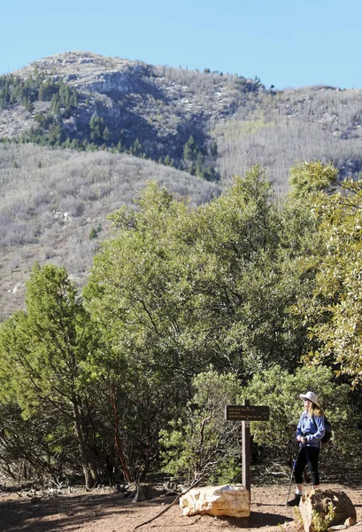 Bir kadın uzun yürüyüşe çıkan kimse bir Trailhead işaret okur — Stok fotoğraf