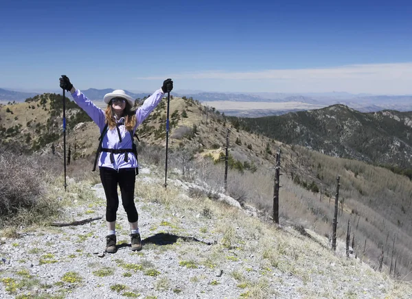 Un excursionista celebra llegar a la cima de una montaña —  Fotos de Stock