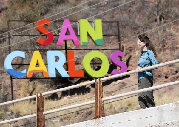 手すり、後ろに、ソノラ州, メキシコ サンカルロス サインで女性 — ストック写真
