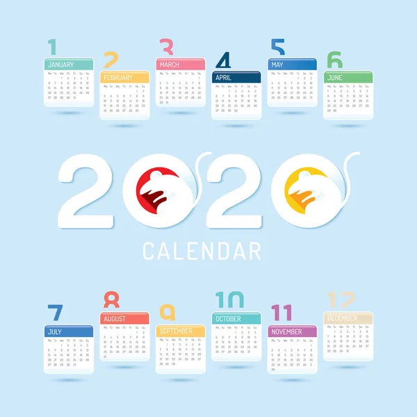 Kalendarz 2020. Wektor. Chiński nowy rok 2020 — Wektor stockowy