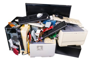 Pile of discarded computer parts isolated on white background clipart