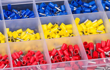 Ferrule pin cord end terminals kit detail arranged in grid of plastic box