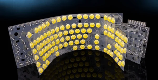 Yuvarlak sarı düğmeler ve plastik zarlarda elektronik esnek devre kartı. Siyah arkaplandaki sökülmüş bilgisayar klavyesinin içinde kauçuk kubbe anahtarlarının ve basılmış eğimli kağıtların aynası var..