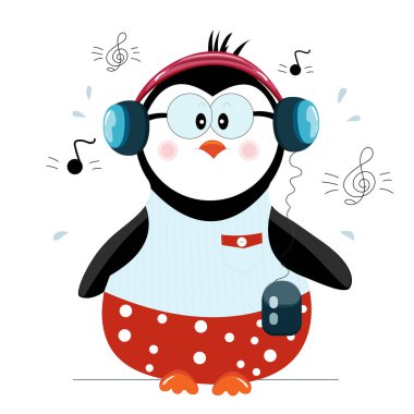 Küçük sevimli el çizilmiş tombul penguen. Kulaklıklı penguen. Vektör illüstrasyonu. 