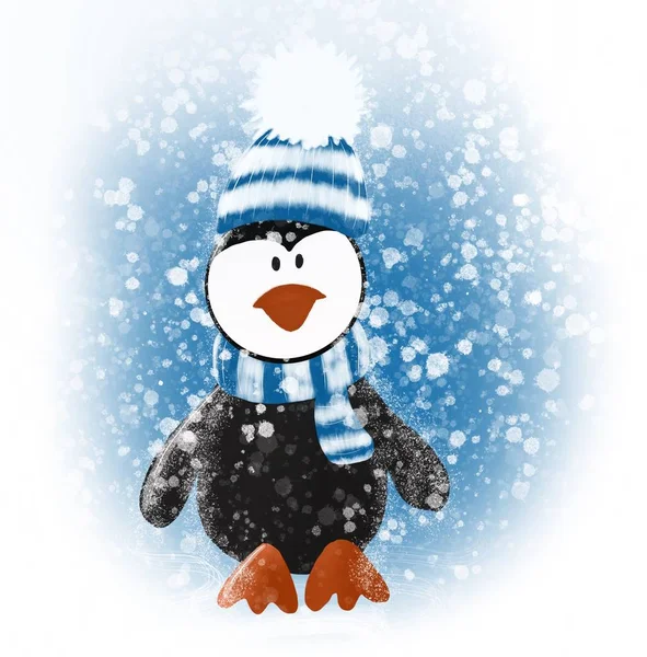 Cute Funny Penguin Wears Scarf Winter Landscape Background — Stock Photo, Image