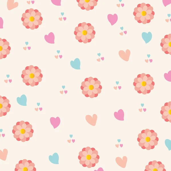 Romantisk Sömlös Illustration Med Färgglada Hjärtan Och Rosa Blommor Ljusrosa — Stock vektor