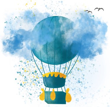 Hand drawn vintage colorful air balloon isolated on white background with blue sky clipart