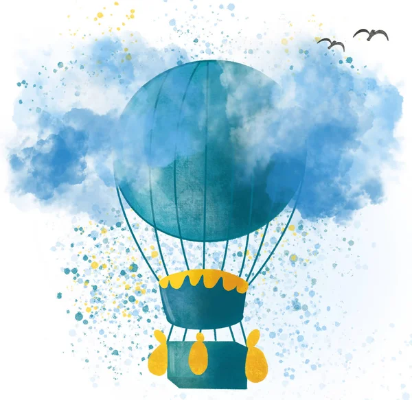 Ručně Kreslené Vinobraní Barevné Vzduchový Balón Izolované Bílém Pozadí Modrou — Stock fotografie