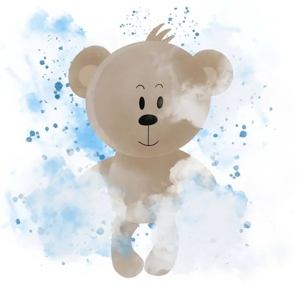 Bonito Urso Bebê Sonhando Nuvem Desenho Animado Ilustração Desenhada Mão — Fotografia de Stock