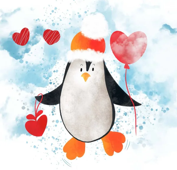 企鹅动物的帽子和心脏以冬季景观为背景 卡通角色野生企鹅在平面风格的设计 — 图库照片#