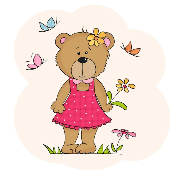Carino Cartoon Teddy Bear Ragazza Con Fiore Farfalle Uno Sfondo — Vettoriale Stock