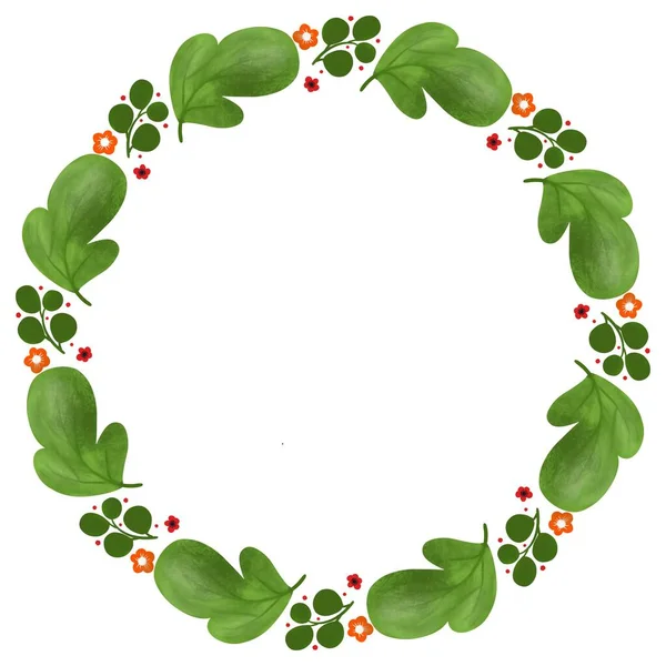 Cute Wreath Green Leaves Red Flowers Hand Painted Isolated White — Stock Photo, Image