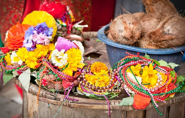 Disposizione Floreale Festa Degli Oli Offerte Religiose Nepal — Foto Stock