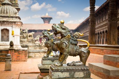 Taleju Chowk 'un aslan heykelleri Bhaktapur, Katmandu Vadisi, Nepal' deki Durbarsquare 'de.. 
