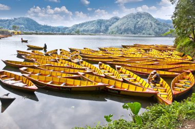 Pokhara, Nepal - 22 Mayıs 2013: 22 Mayıs 2013 tarihinde Nepal 'in Pokhara kentindeki Bengas Gölü' nde tanımlanamayan bir Nepal balıkçılığı. Pokhara Vadisi 'nin en güzel göllerinden biri ünlü Phewa Gölü' dür..