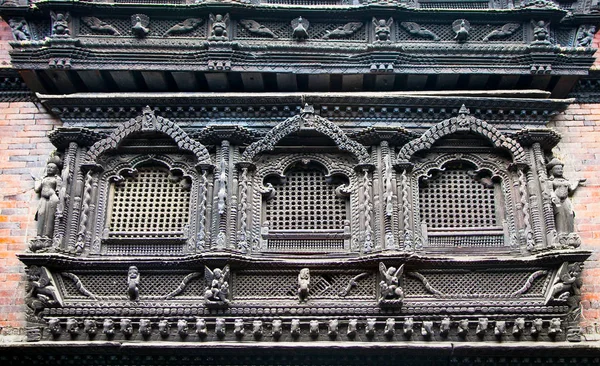 Janela Madeira Esculpida Século Palácio Bhaktapur Vale Kathmandu Nepal — Fotografia de Stock