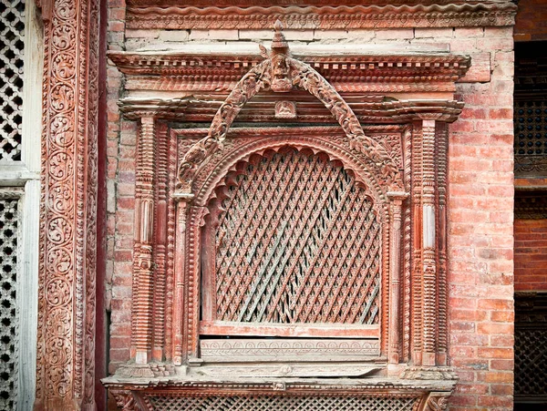 Fenêtre Bois Sculptée Sur Ancien Palais Royal Hanuman Dhoka Place — Photo