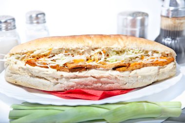 Uzun vejetaryen sandviçi soya peyniri, soya mayonezi, lahana ve havuç tabağında servis edilir.