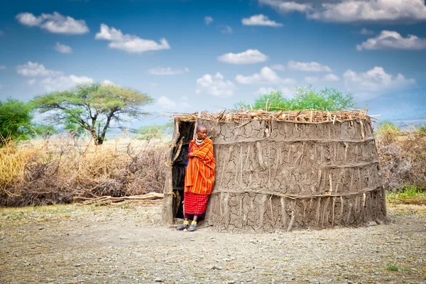Tanzania África Febrero 2014 Masai Con Cabaña Tradicional Revisión Vida — Foto de Stock