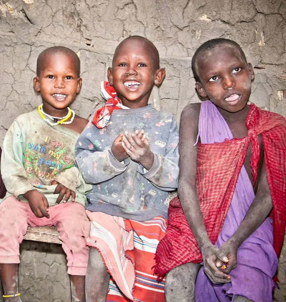 Africa Tanzania February 2014 Portrait African Kids Masai Tribe Smiling — стоковое фото