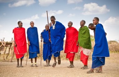 Tanzanya, Afrika-Şubat 9, 2014: kültürel töreni, 9 Şubat 2014 üzerinde yerel halkın günlük yaşamın inceleme olarak geleneksel atlar dans Masai savaşçıları. Tanzanya.