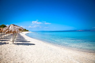 Akra Glarokavos 'taki güzel Paradiso kumsal, Kassandra yarımadası, Hakidiki, Yunanistan.
