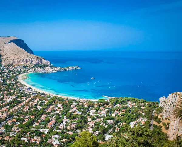 Vue Panoramique Sur Plage Sable Blanc Mondello Palerme Sicile Italie — Photo