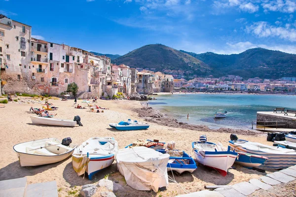 Houten Vissersboten Het Oude Strand Van Cefalu Sicilië Italië — Stockfoto