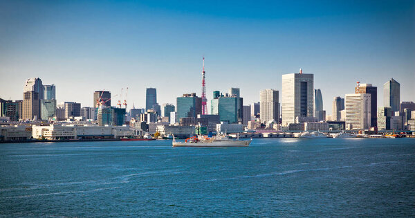Panoramic view on Tokyo city from Sumida River, Japan. Day photo.