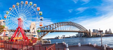  Luna park wheel with harbour bridge arch at sunset in Sydney, Australia. clipart