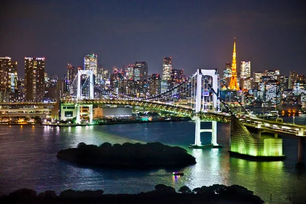 Rainbow Bridge Och Sumida River Tokyo Japan Nattfoto — Stockfoto